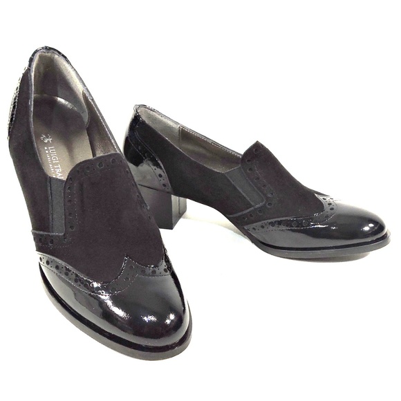 LUIGI TRAINI 🇮🇹 WOMENS BLACK PATENT LEATHER AND SUEDE COMFORT HEELED LOAFERS - Picture 1 of 8